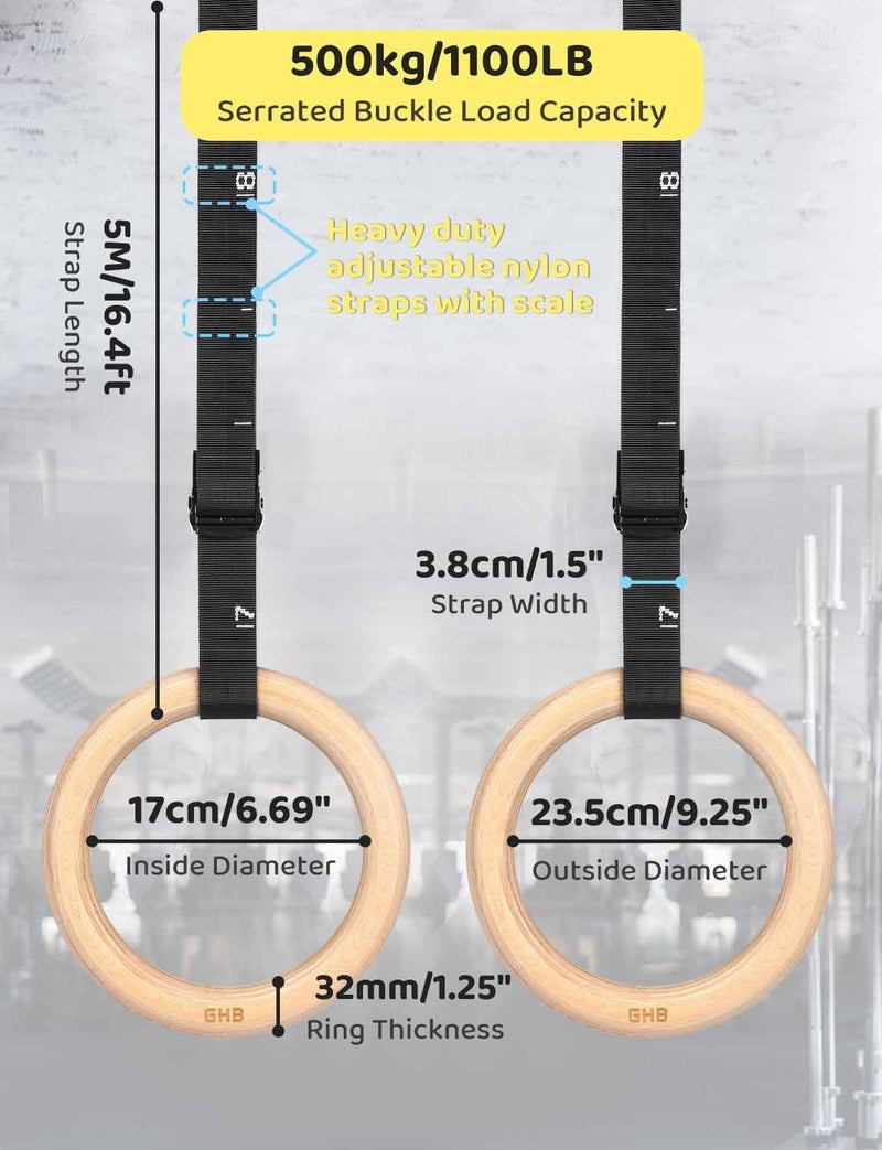 GHB Gymnastic Rings Wooden Gym Rings 1.25" Olympic Rings Adjustable Straps Pull Up Rings Sets for Workout Bodyweight Fitness Training - Image 2